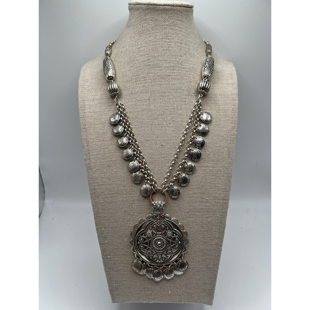 Avon Boho Coin Pendant Necklace Silver Tone Layered Festival Statement Gypsy